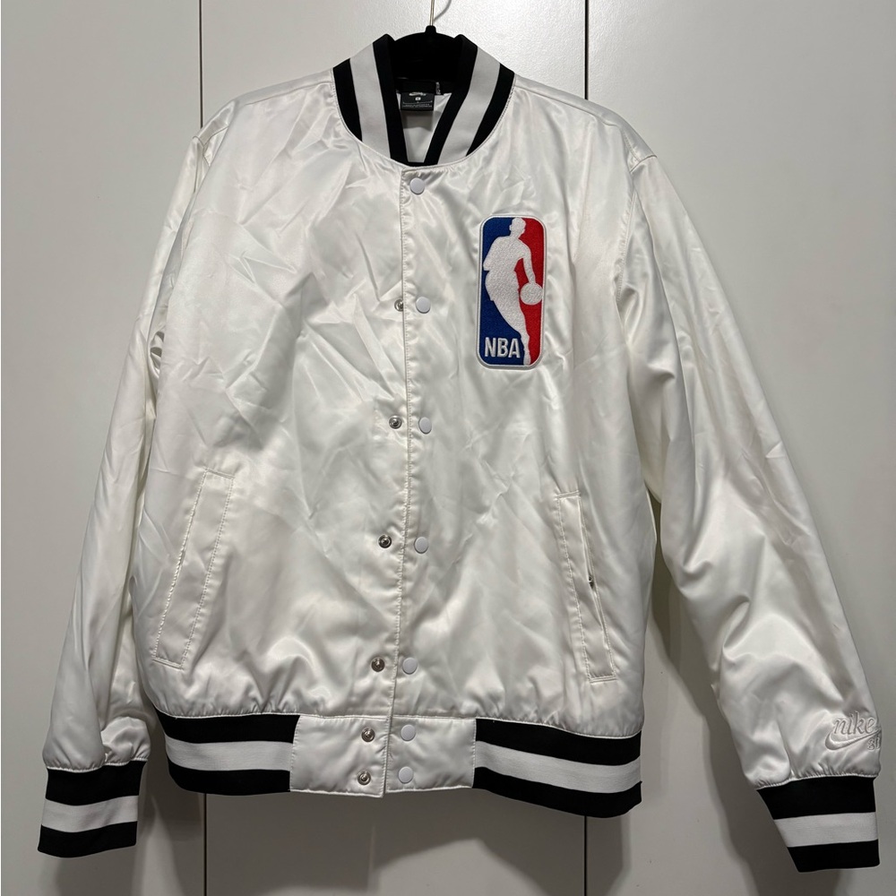 Nike White NBA Satin Bomber Jacket with Black Trim